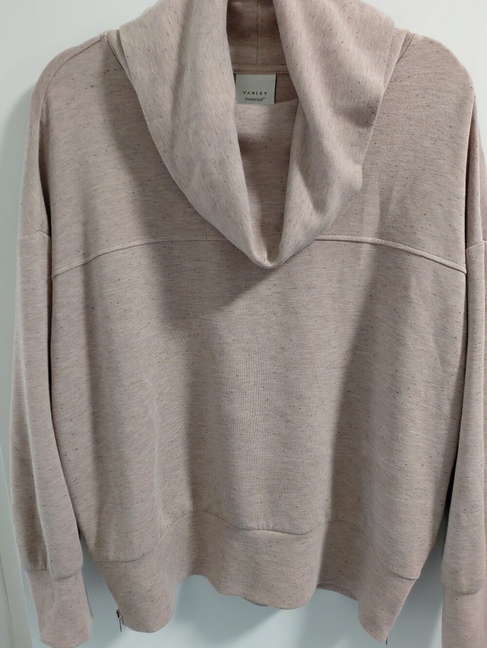 Varley Doublesoft Beige Tan Speckled Cowl-Neck Pullover Side Bottom Zippers